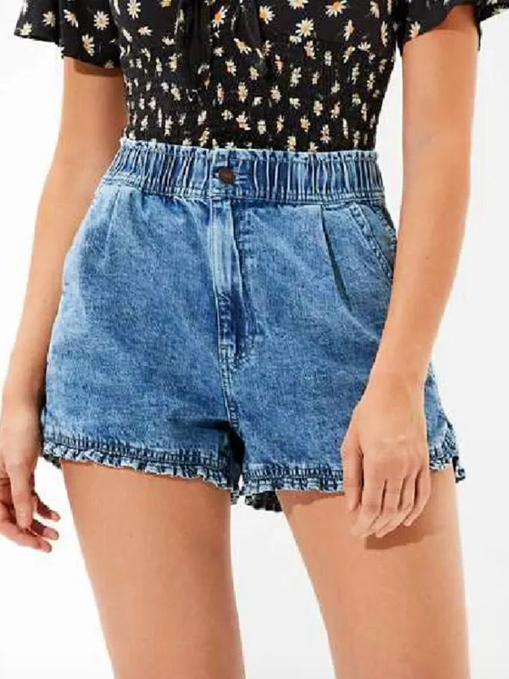 American Eagle Denim Mom Shorts Size 4 EU 36 High Waist Ruffle Hem